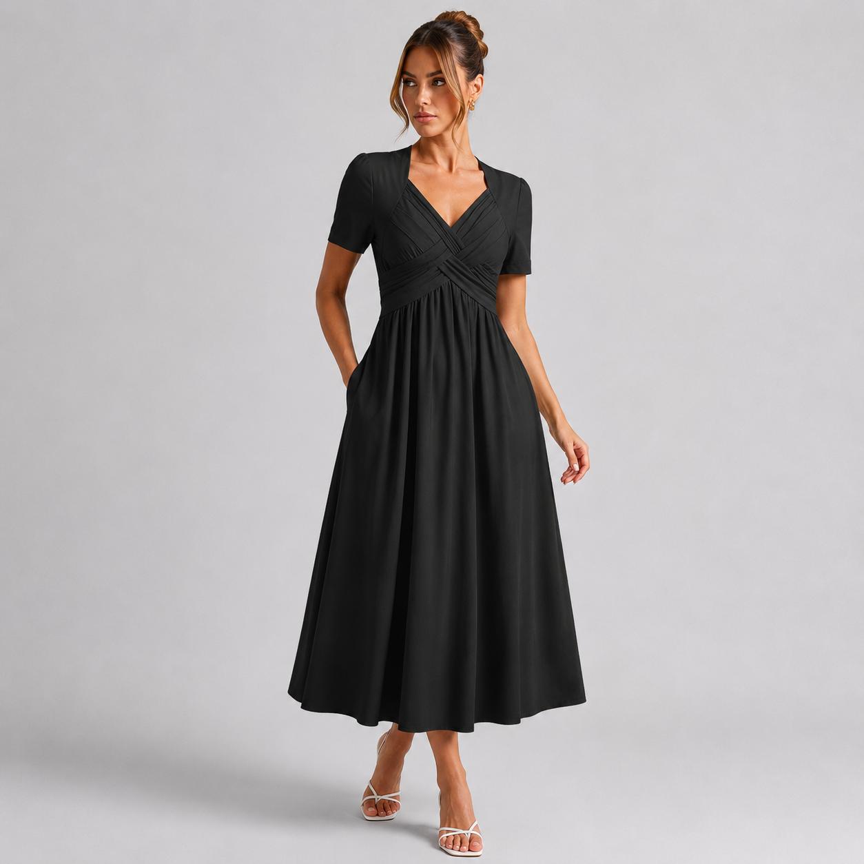 ÉLODIE - ROBE MIDI ÉLÉGANTE COUPE TRAPÈZE